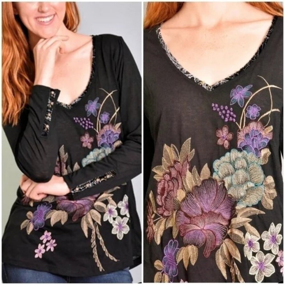 Soft Surrounding Black Knit Embroidered Long Sleeve V-Neck Top ** Sz L - Picture 2 of 8